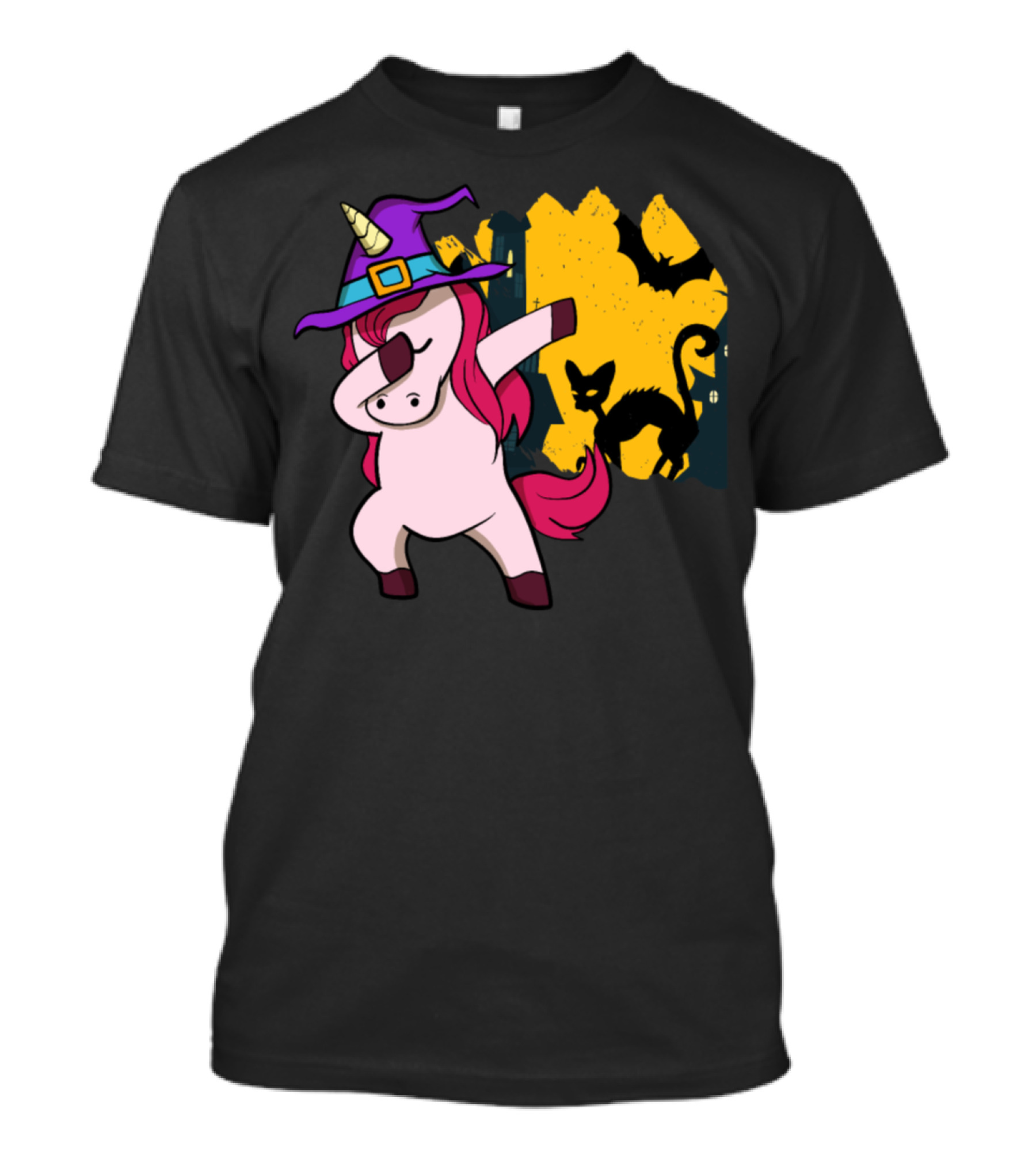 Dabbing Unicorn Witch With Halloween Black Cat And Bat Scene T-Shirt