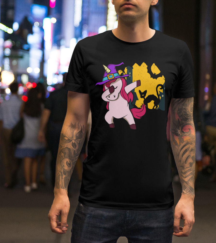 Dabbing Unicorn Witch With Halloween Black Cat And Bat Scene T-Shirt