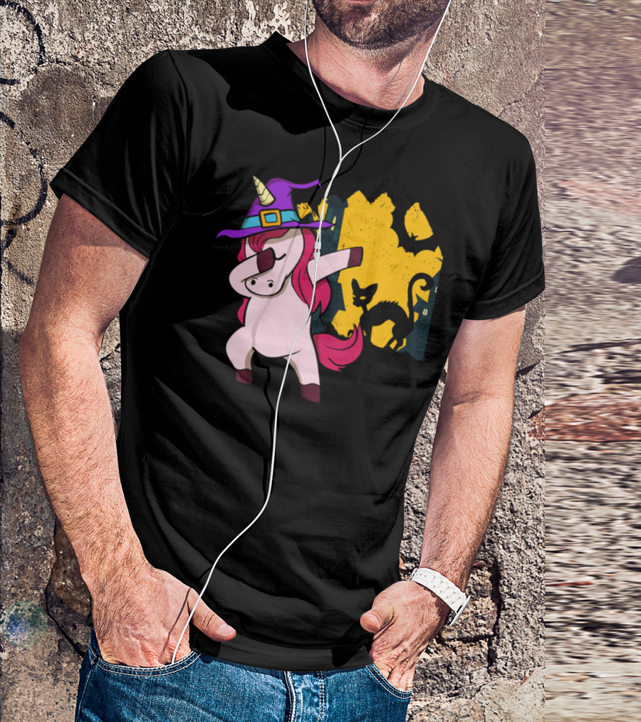 Dabbing Unicorn Witch With Halloween Black Cat And Bat Scene T-Shirt