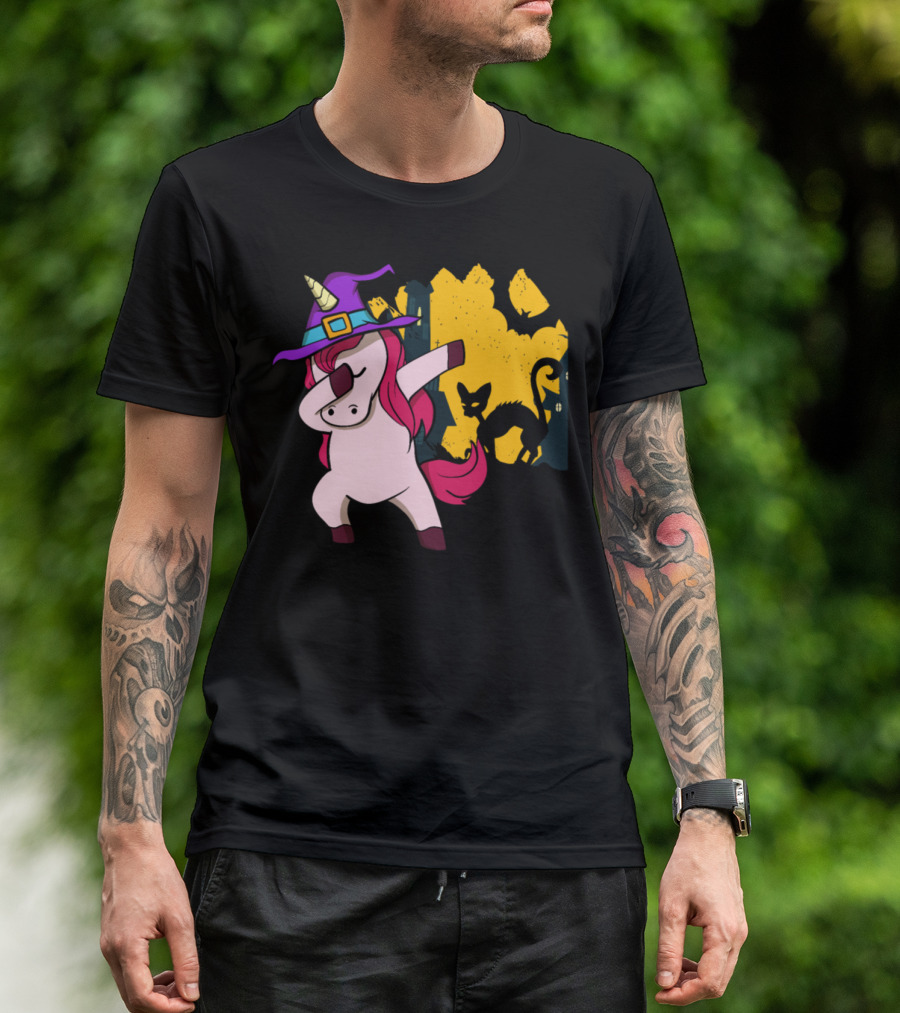Dabbing Unicorn Witch With Halloween Black Cat And Bat Scene T-Shirt