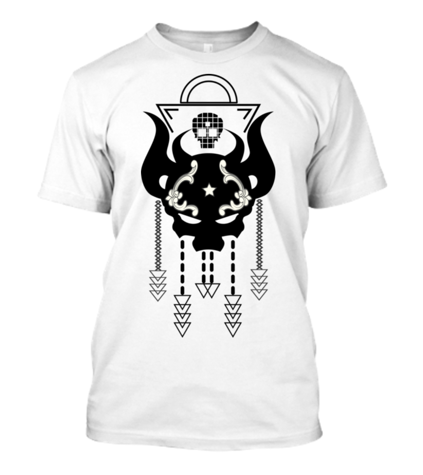 Bull Skull Mandala With Geometric Arrows And Star On Dark Bone Skull Background T-Shirt
