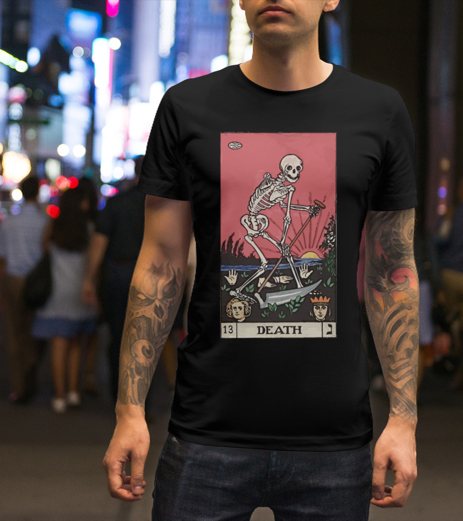 Death Tarot Card Skeleton With Scythe And Sunrise T-Shirt