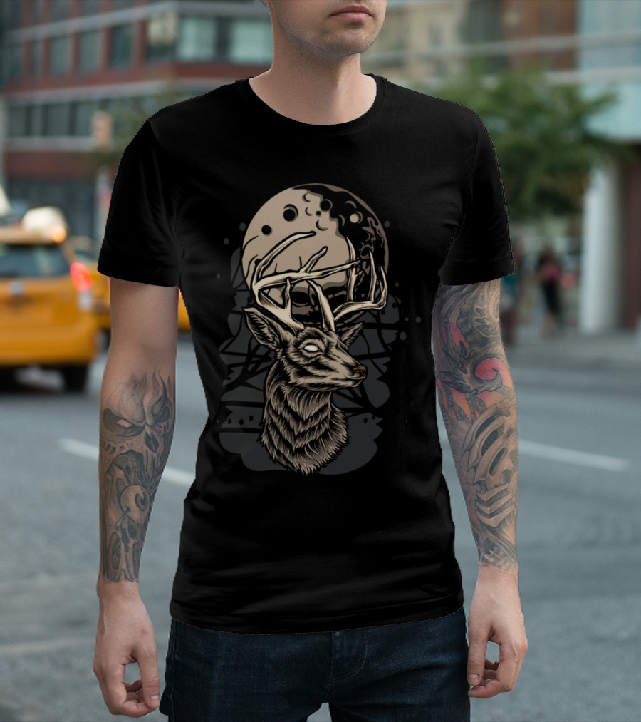 Deer Against Full Moon with Intricate Antlers and Lunar T-Shirt