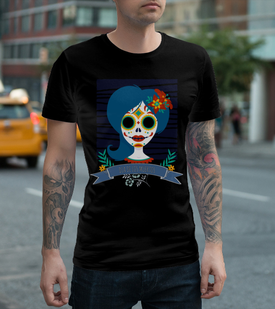 Día De Los Muertos Blue Dead Girl Without Eyes Floral Sugar Skull T-Shirt