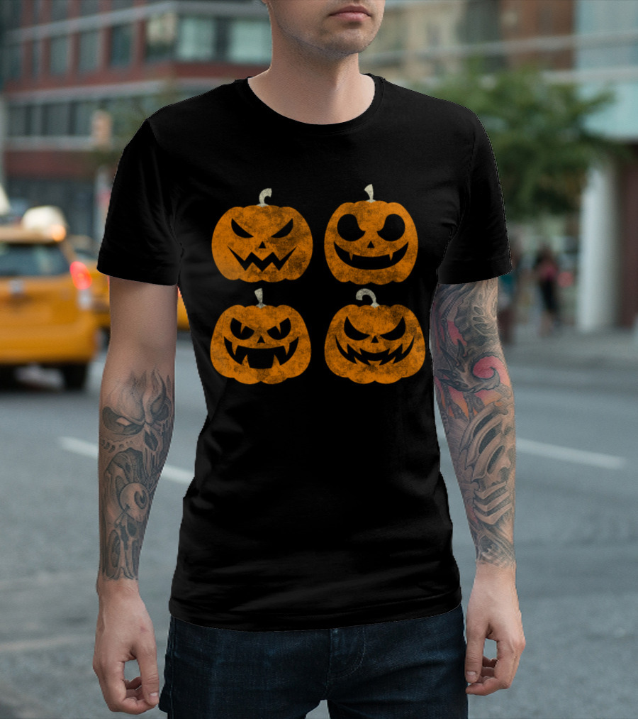 Four Distressed Halloween Pumpkins With Different Faces T-Shirt