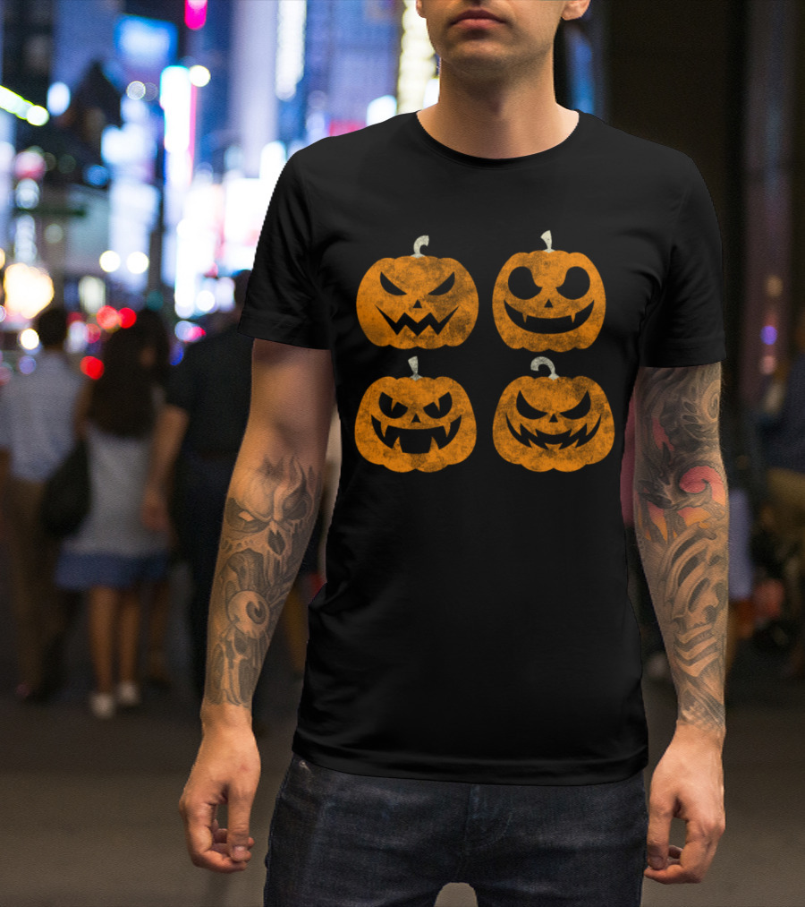 Four Distressed Halloween Pumpkins With Different Faces T-Shirt