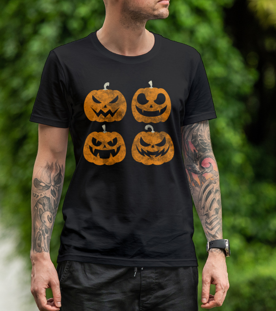 Four Distressed Halloween Pumpkins With Different Faces T-Shirt