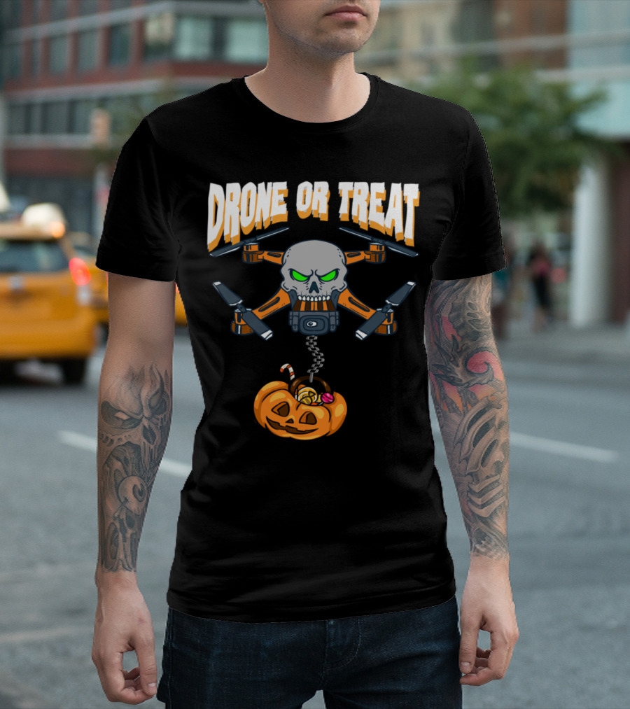 Drone or Treat Halloween Skull Drone with Pumpkin Candy T-Shirt