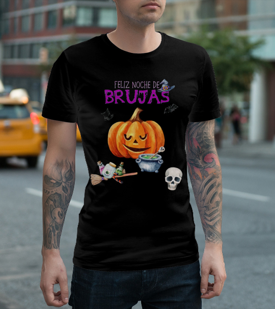 Feliz Noche De Brujas Calabaza Caldero Escoba Calavera Sombrero Murciélagos T-Shirt