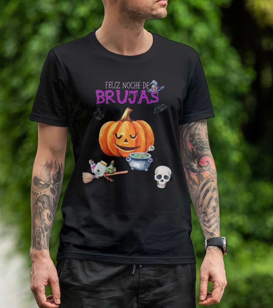 Feliz Noche De Brujas Calabaza Caldero Escoba Calavera Sombrero Murciélagos T-Shirt