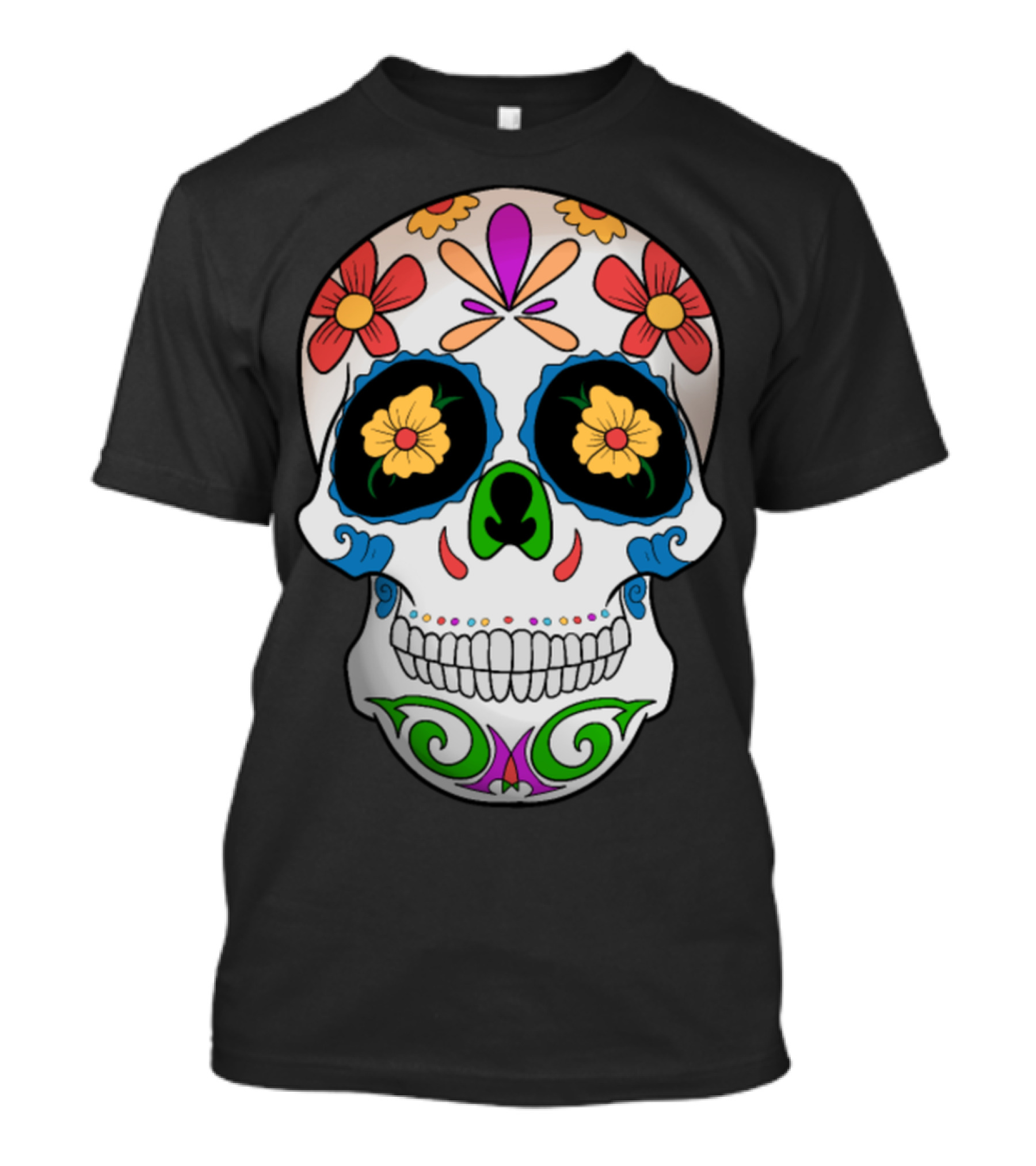 Floral Colorful Sugar Skull Day Of The Dead Black T-Shirt