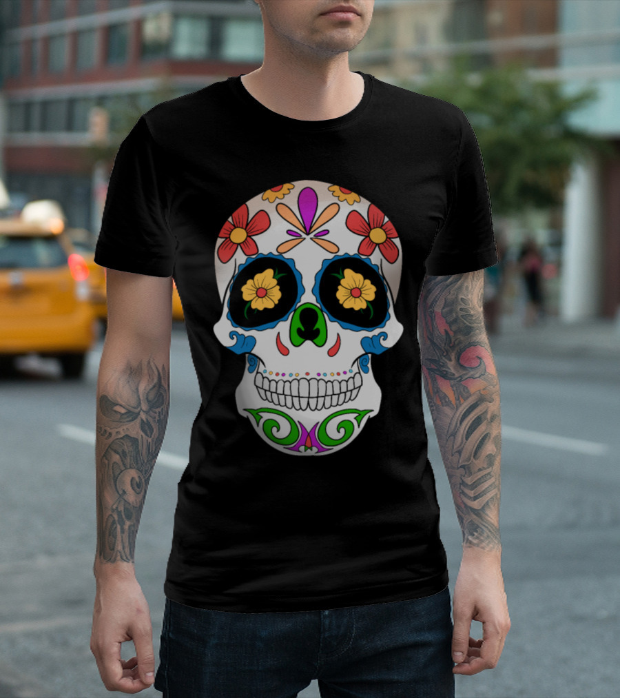 Floral Colorful Sugar Skull Day Of The Dead Black T-Shirt