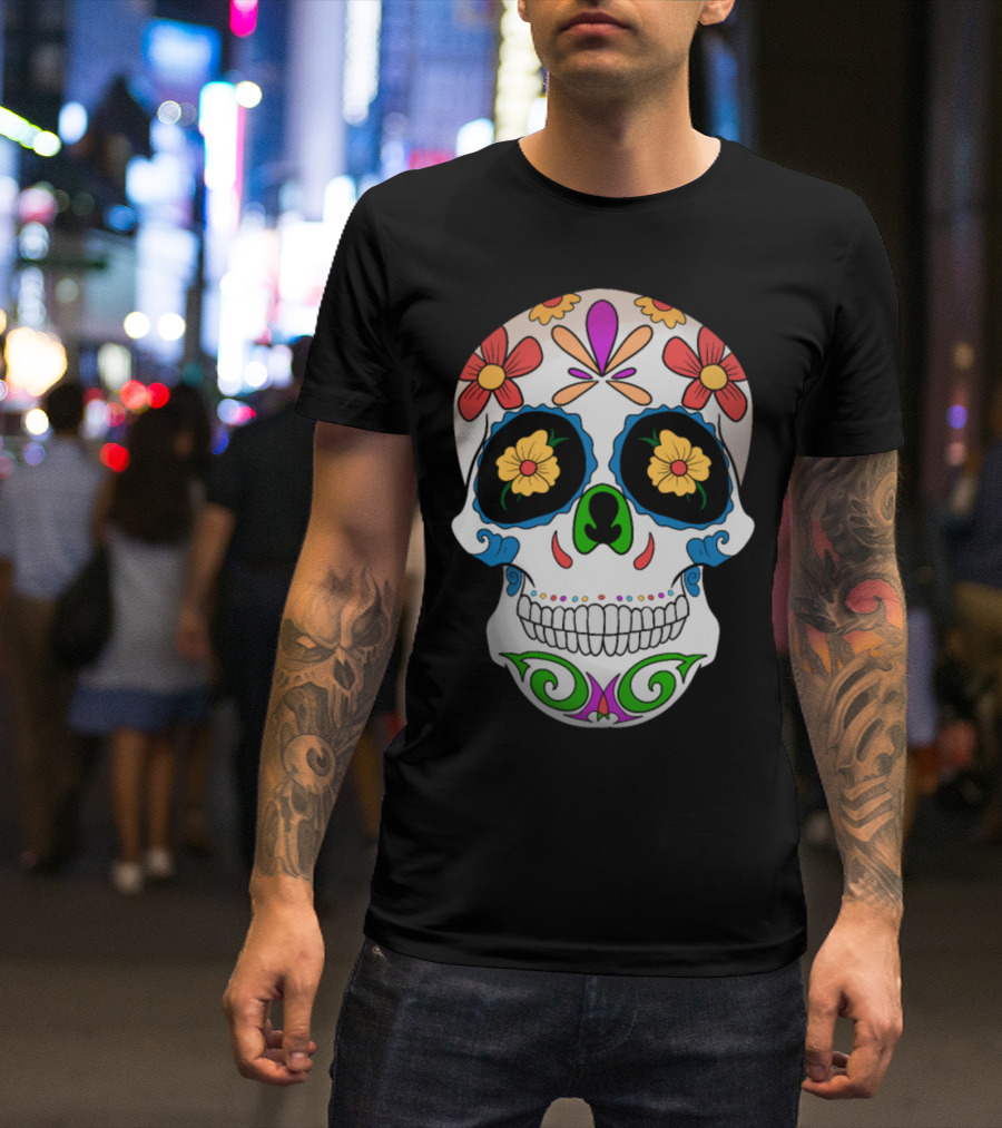 Floral Colorful Sugar Skull Day Of The Dead Black T-Shirt
