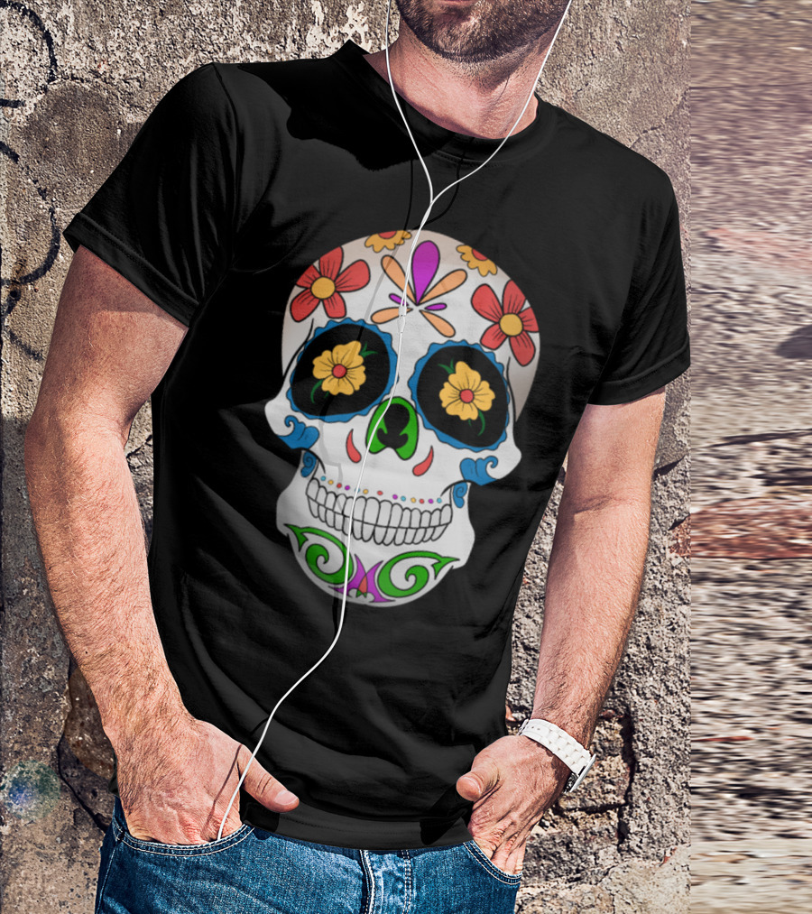 Floral Colorful Sugar Skull Day Of The Dead Black T-Shirt
