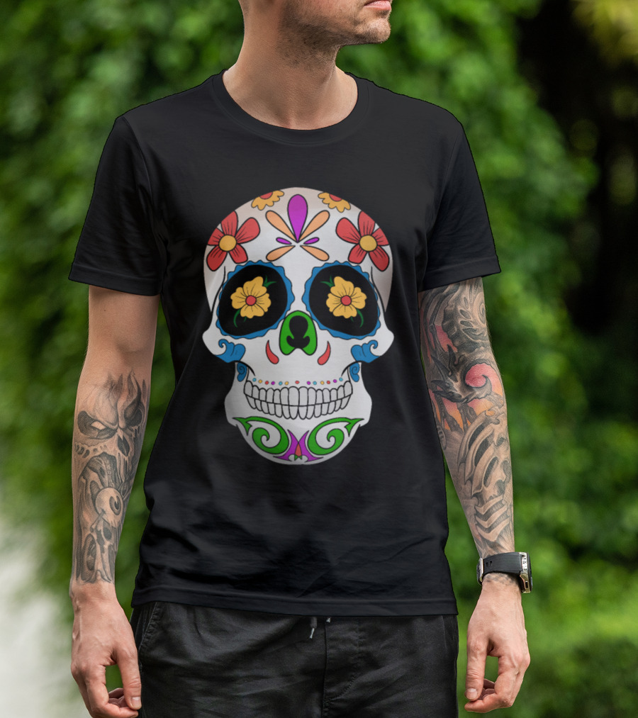 Floral Colorful Sugar Skull Day Of The Dead Black T-Shirt