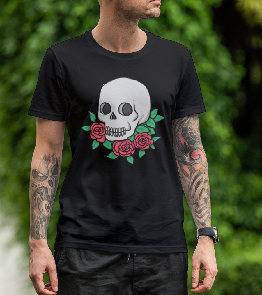 Floral Skull Roses And Leaves T-Shirt
