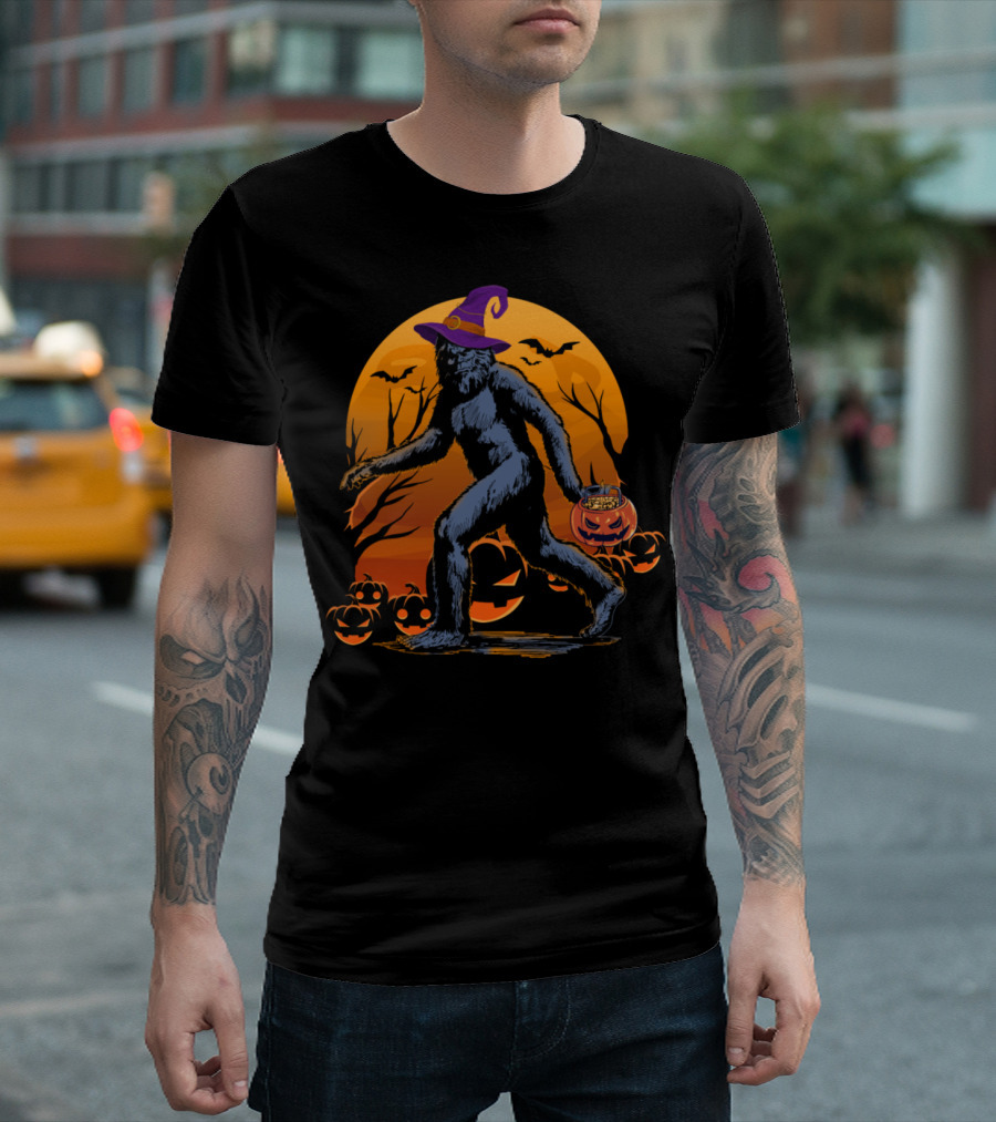Witch Hat Bigfoot Halloween Trick-or-Treating with Pumpkin Basket in Spooky Night Scene T-Shirt