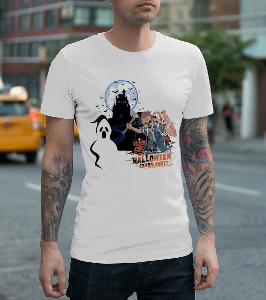 Halloween Zombie Bait Party Funny Ghost And Haunted House Pumpkin Scene T-Shirt