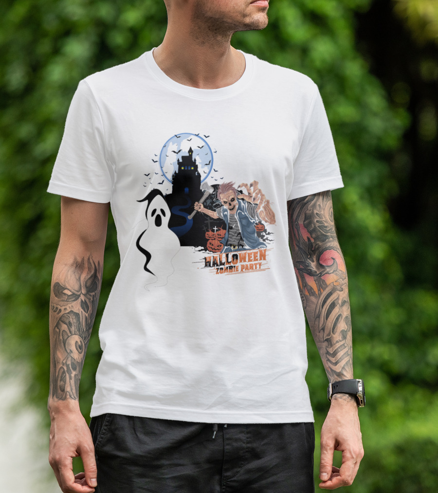 Halloween Zombie Bait Party Funny Ghost And Haunted House Pumpkin Scene T-Shirt