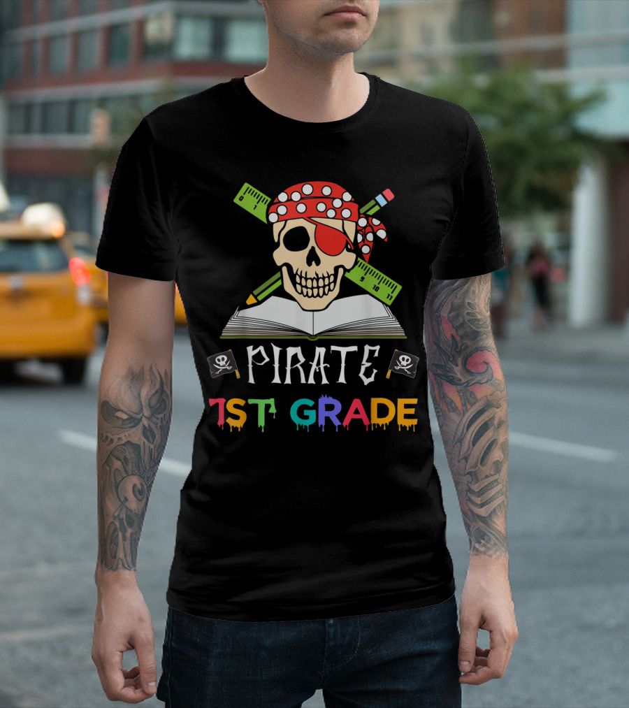 Pirate Skull 1st Grade Halloween Student Book Rulers Pencils T-Shirt