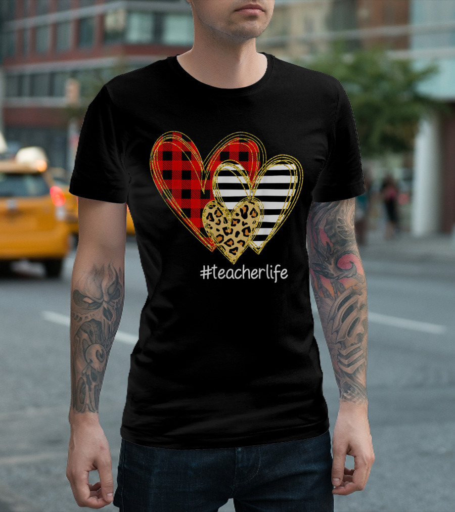 Leopard Plaid Striped Hearts #TeacherLife T-Shirt