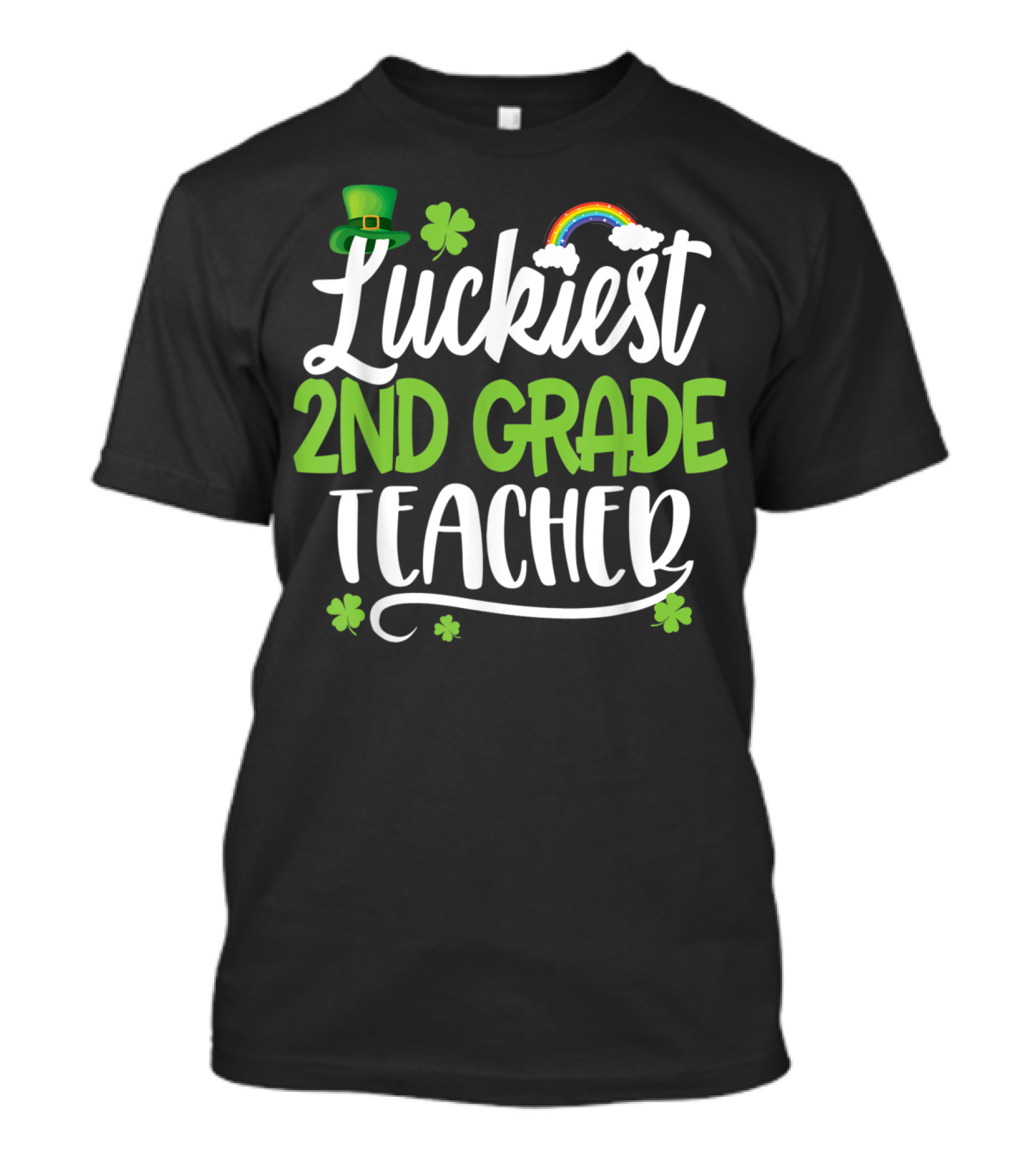 Luckiest 2nd Grade Teacher With Shamrock Hat And Rainbow T-Shirt