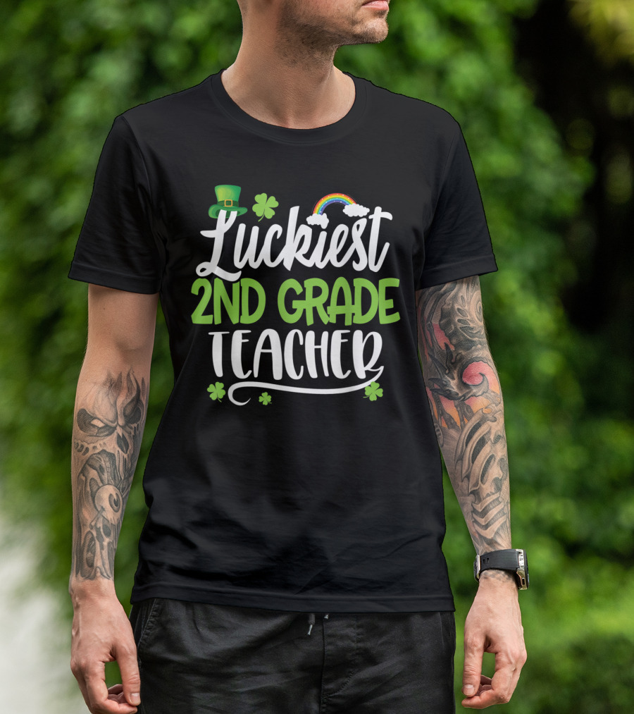 Luckiest 2nd Grade Teacher With Shamrock Hat And Rainbow T-Shirt