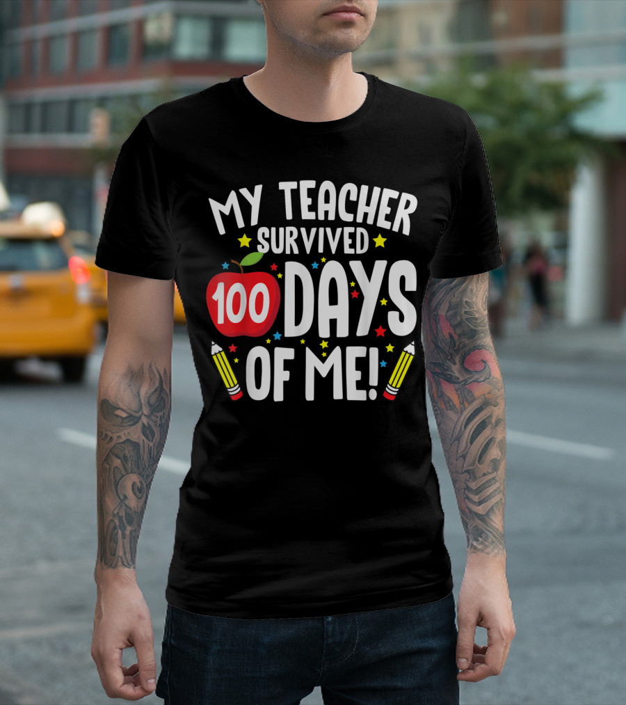 My Teacher Survived 100 Days Of Me Apple Pencil Stars T-Shirt