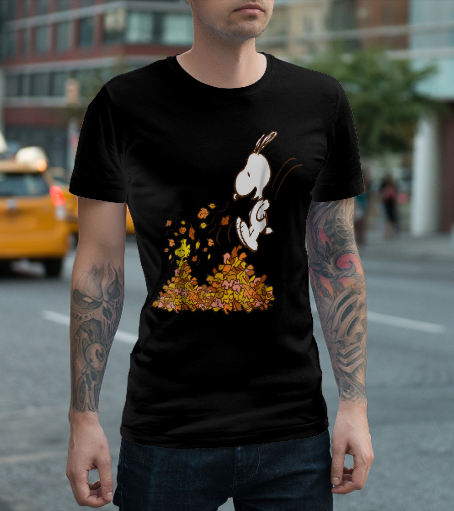 Peanuts Snoopy Jumping In Leaves With Woodstock Fall Fun T-Shirt