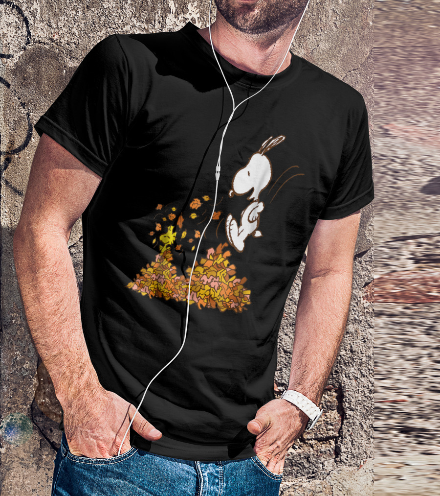 Peanuts Snoopy Jumping In Leaves With Woodstock Fall Fun T-Shirt