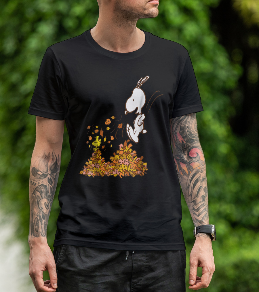 Peanuts Snoopy Jumping In Leaves With Woodstock Fall Fun T-Shirt