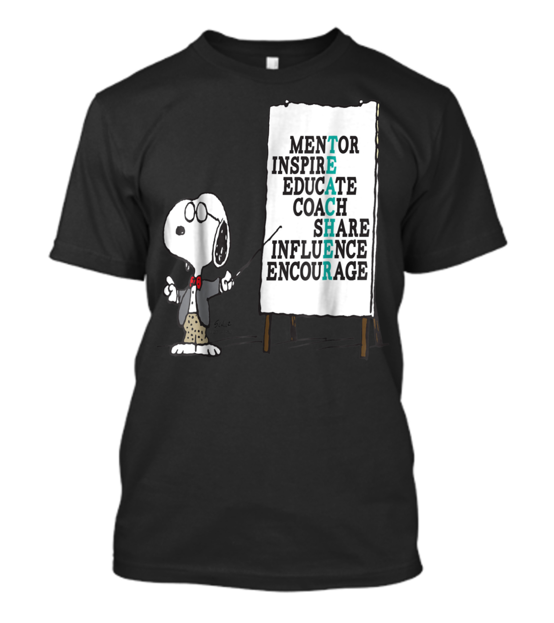 Peanuts Snoopy Mentor Inspire Educate Coach Share Influence Encourage Teacher Notes T-Shirt