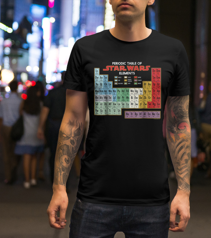 Periodic Table Of Star Wars Elements Featuring Heroes, Villains, Jedi, And Empire T-Shirt