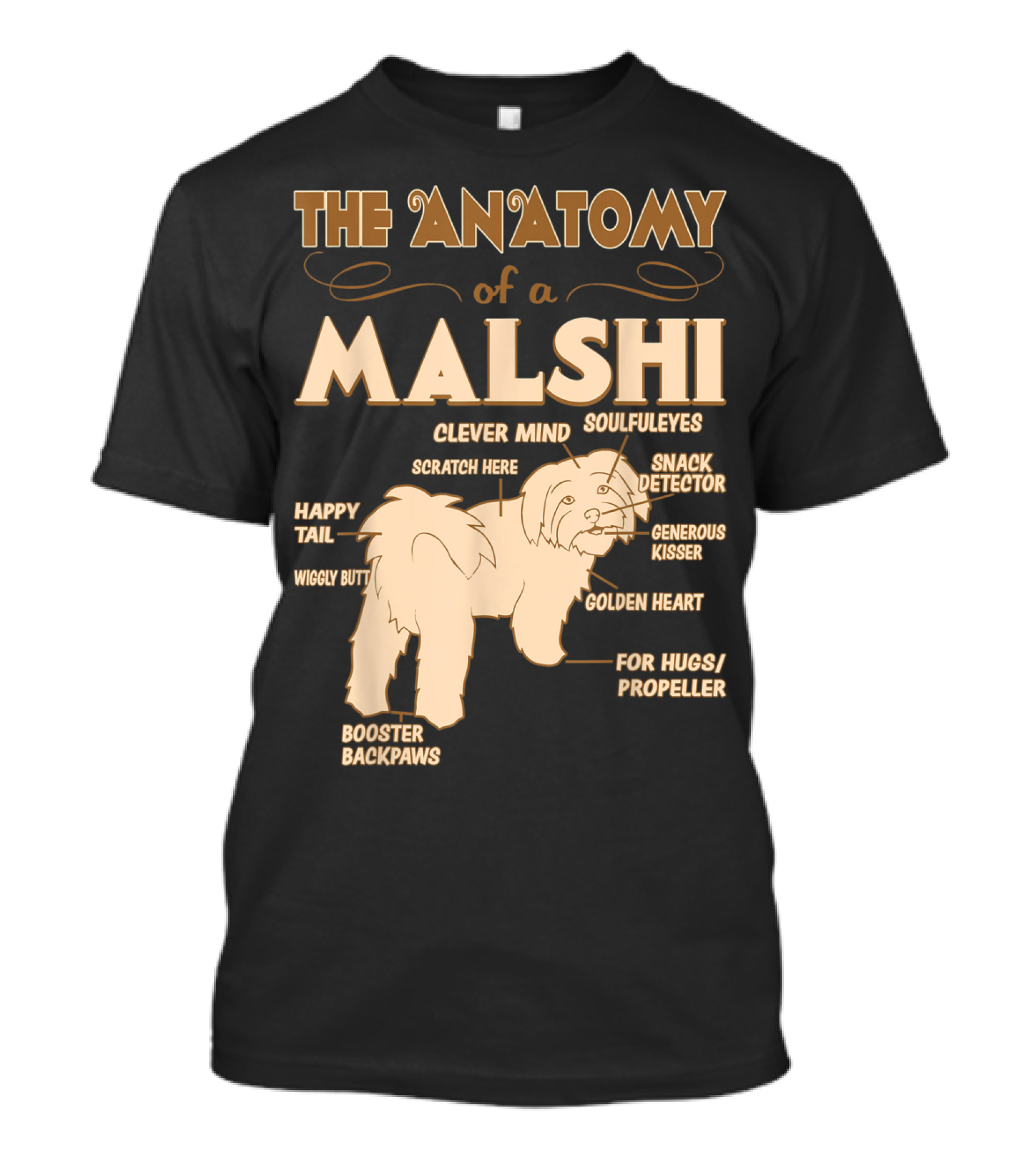 The Anatomy Of A Malshi Clever Mind Soulful Eyes Snack Detector Generous Kisser Golden Heart Happy Tail Wiggly Butt Booster Backpaws For Hugs Propeller Scratch Here T-Shirt