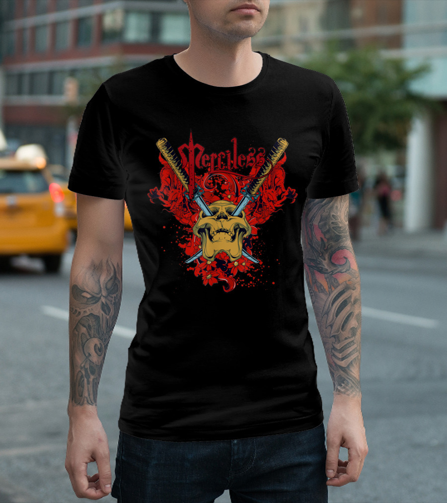 Merciless Skull and Crossed Pistols with Red Floral Accents T-Shirt