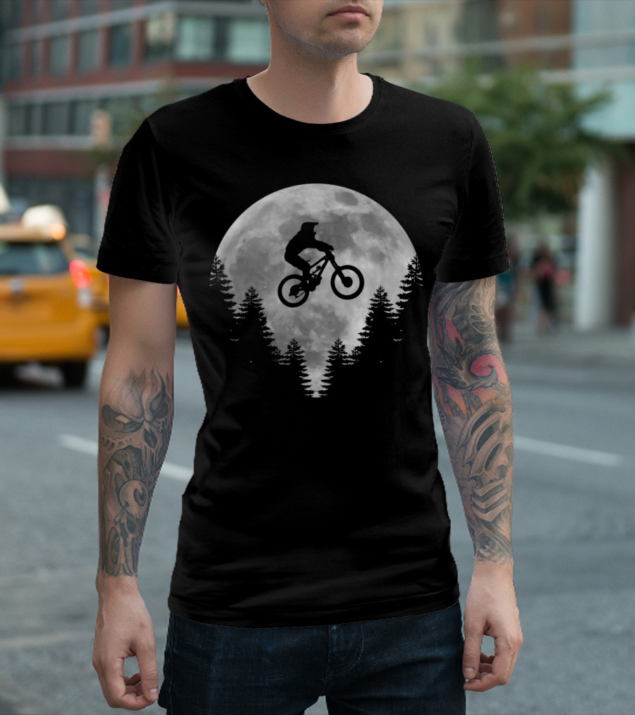 Mountain Bike Mtb Downhill Moon Biking Silhouette Over Trees T-Shirt