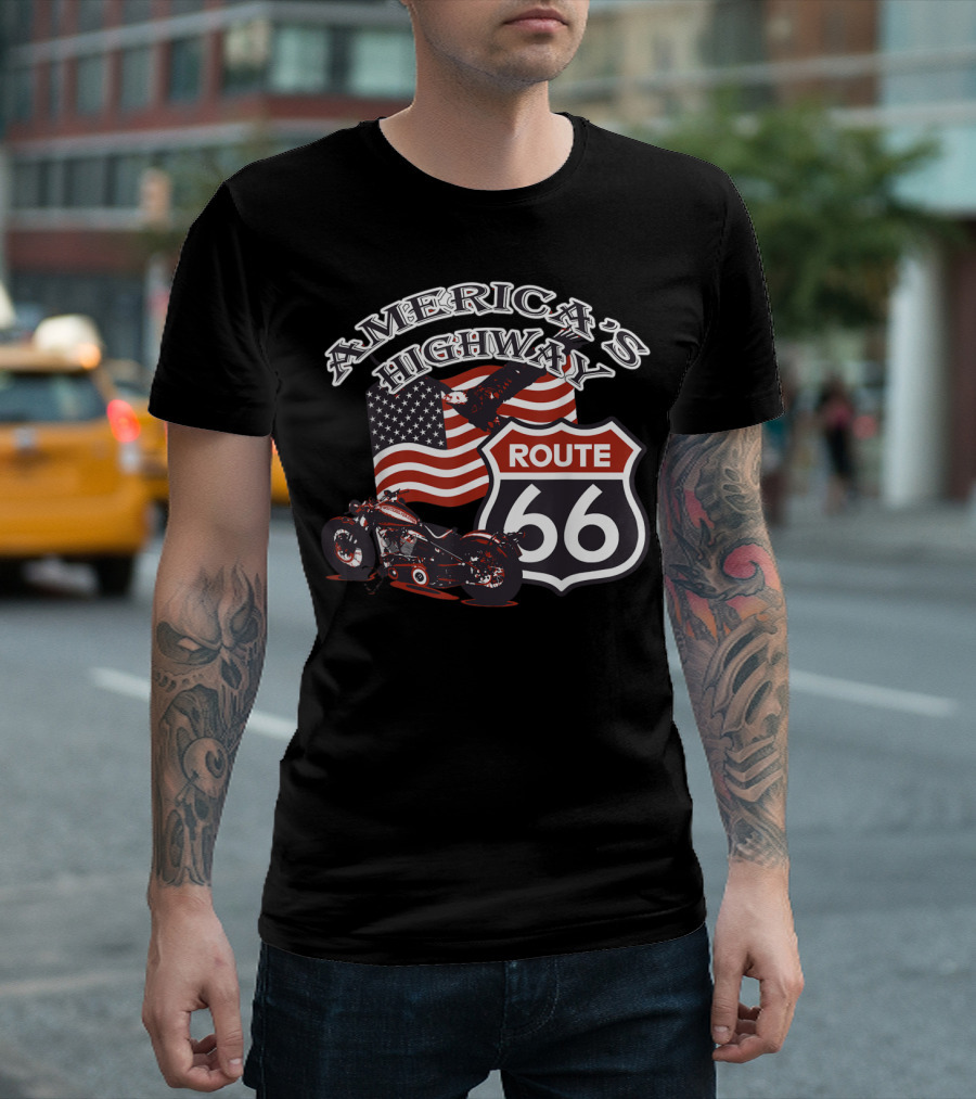 Route 66 America's Highway Motorcycle and USA Flag T-Shirt