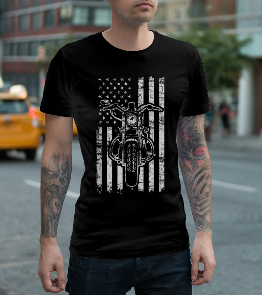 American Motorcycle and US Flag Cool Biker T-Shirt