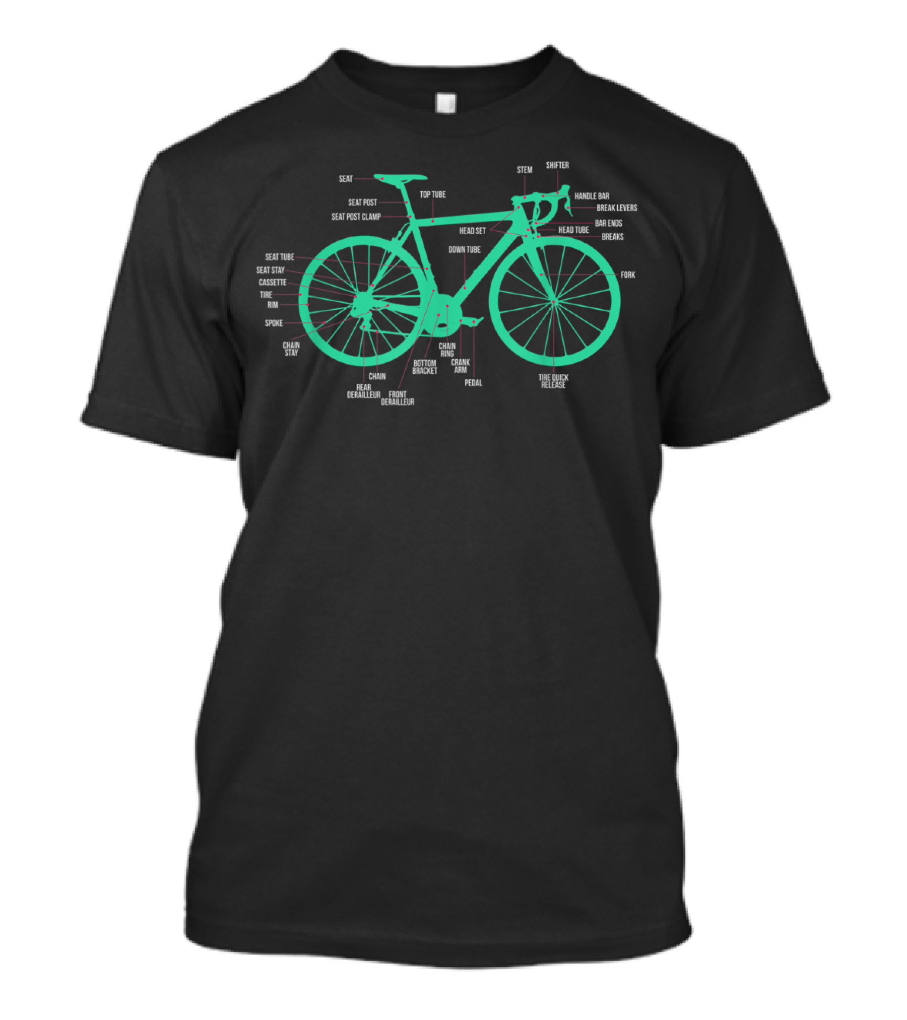 Bicycle Anatomy Seat Post Chain Crank Handlebar Brake Levers Cycling Biker Road T-Shirt