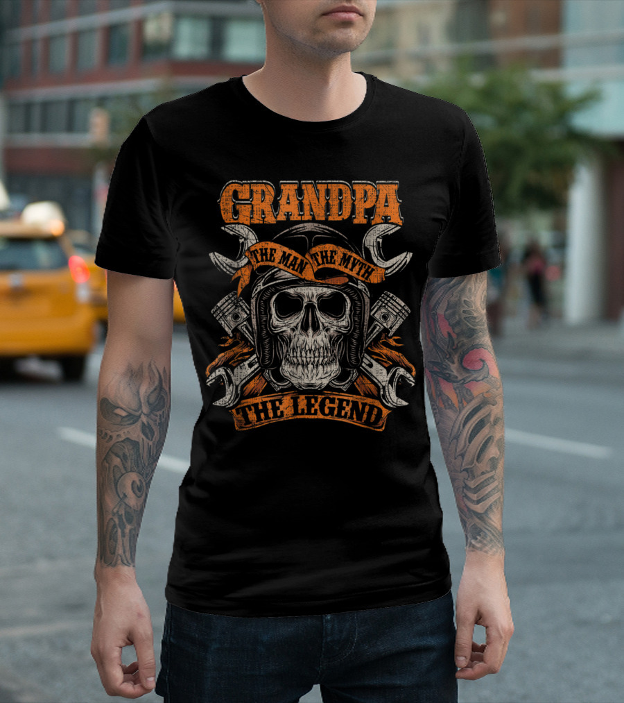 Grandpa The Man The Myth The Legend Skull and Crossed Wrenches T-Shirt