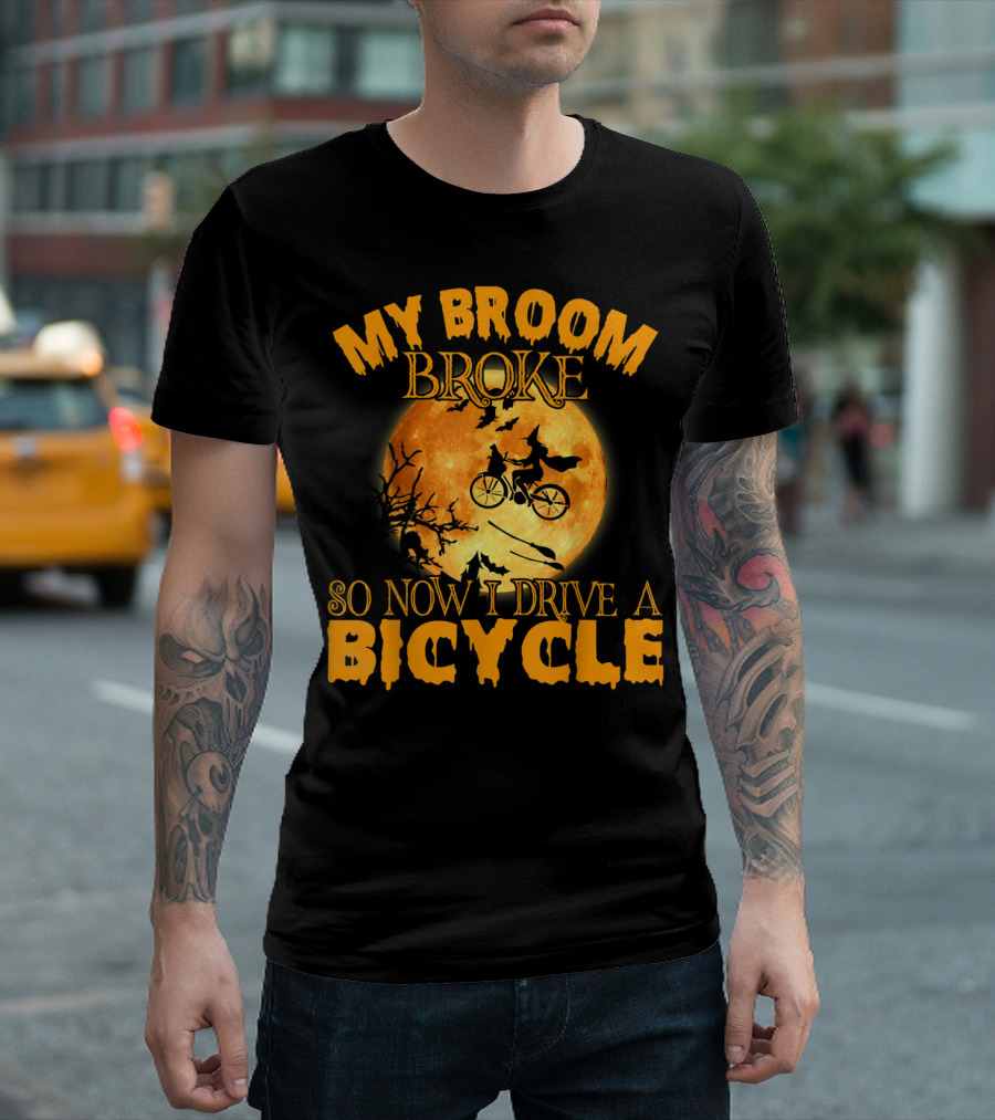 My Broom Broke So Now I Drive a Bicycle Moon Silhouette Halloween T-Shirt