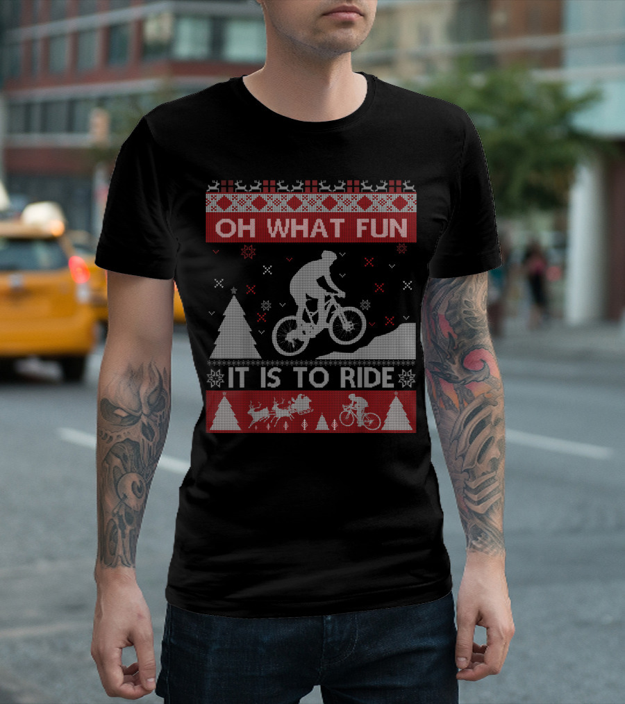 Oh What Fun It Is To Ride Mountain Biker Christmas Motif T-Shirt