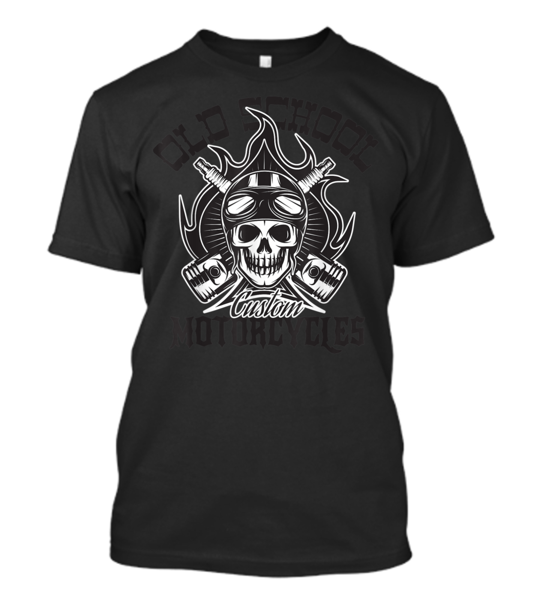 Old School Custom Motorcycles Skull With Flames And Pistons T-Shirt