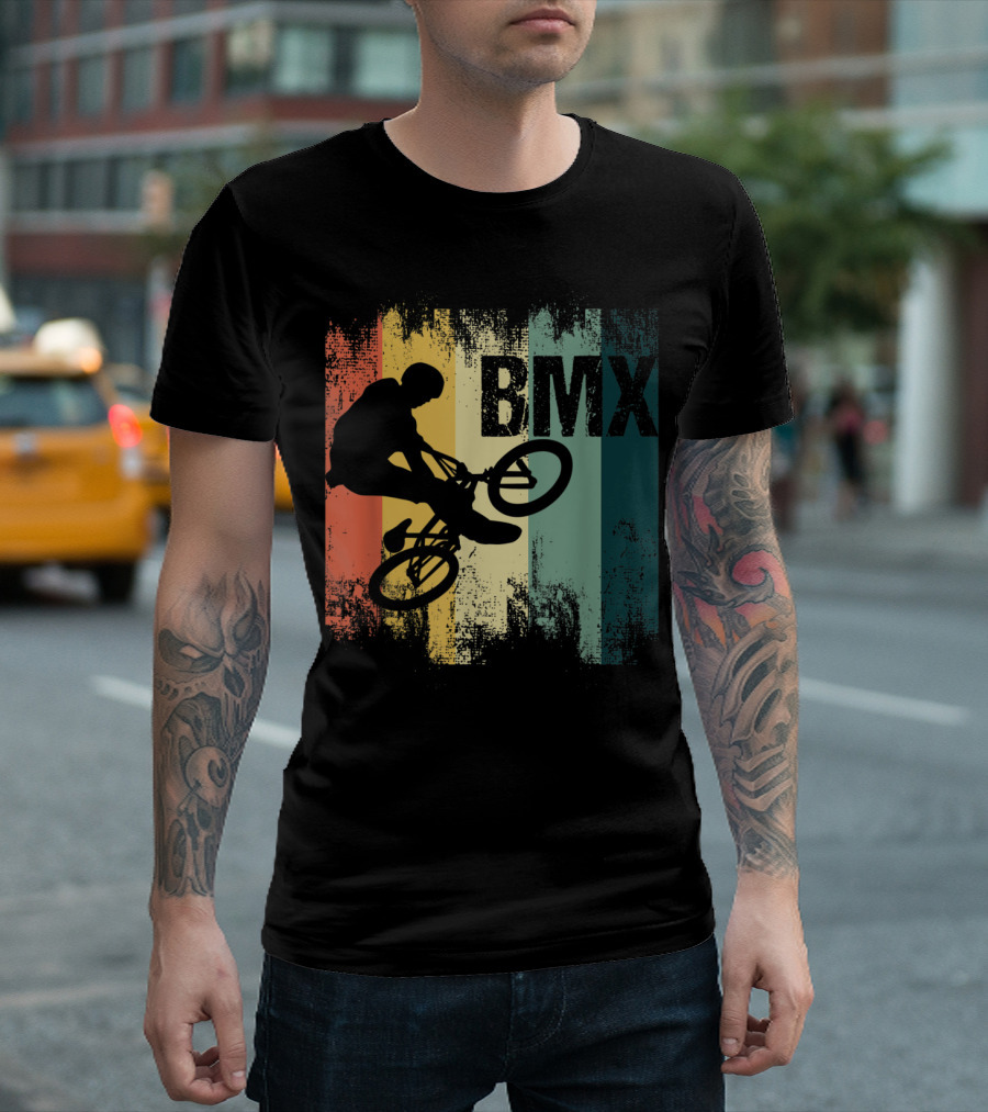 Retro BMX Bicycle Stunt Rider Silhouette with Colorful Stripes T-Shirt