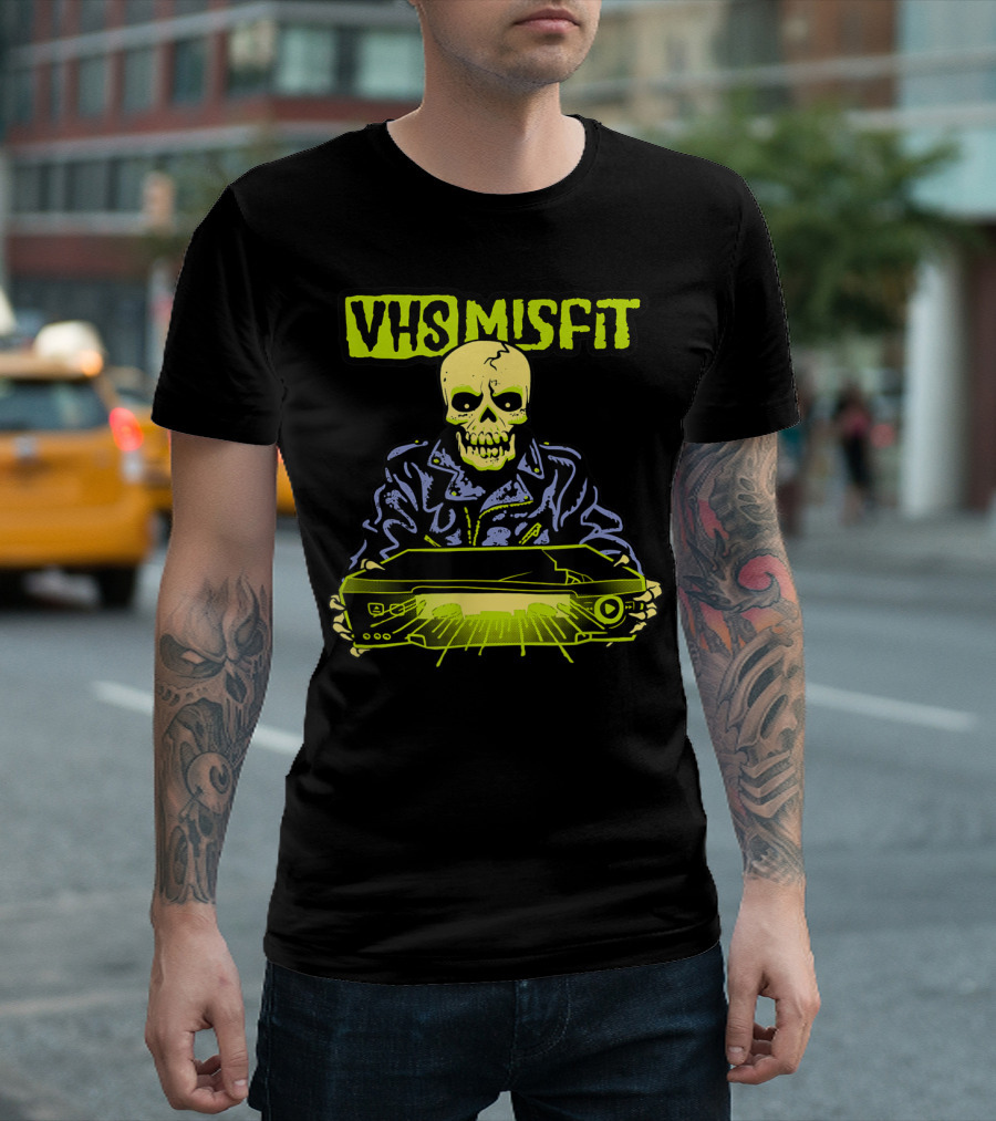 VHS Misfit Skeleton Holding Glowing VCR T-Shirt