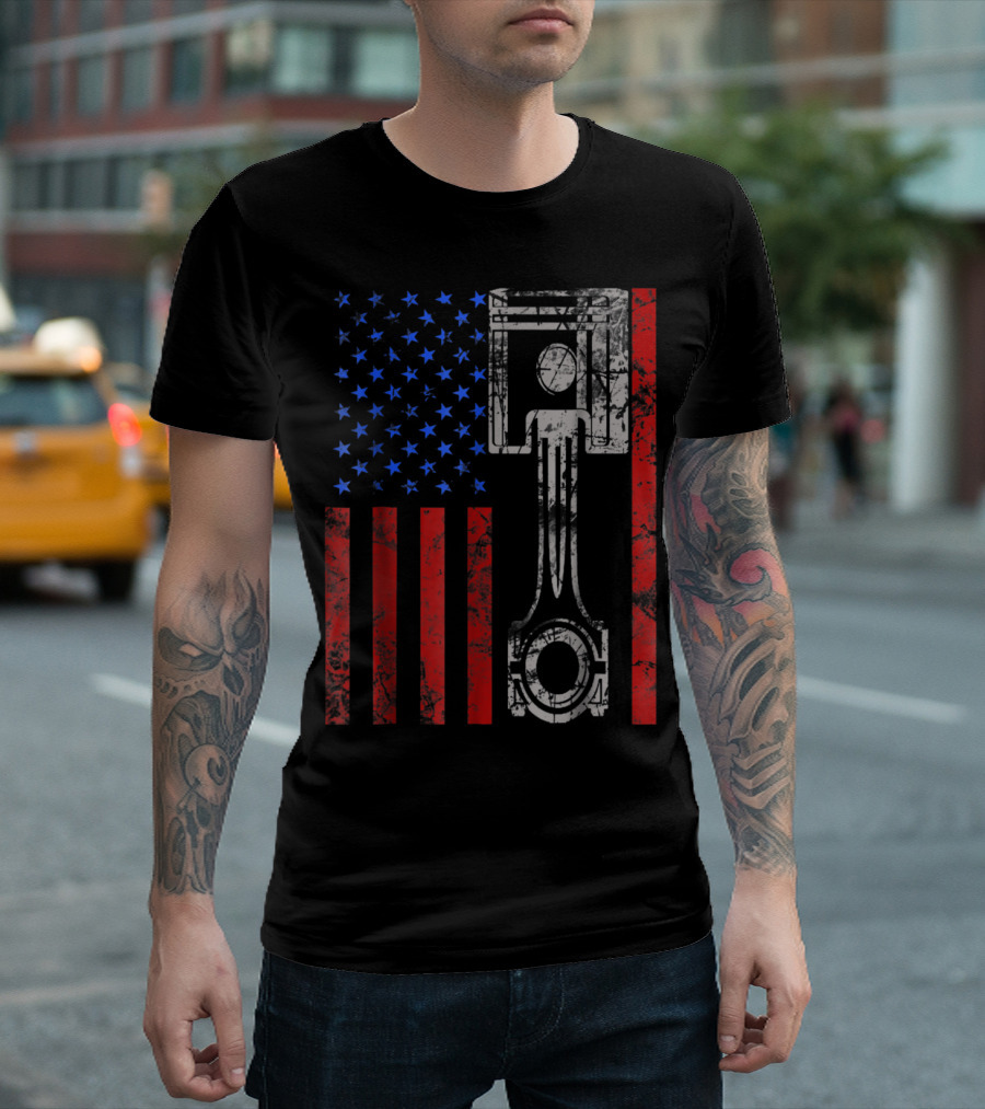 American Flag Piston Patriotic Muscle Car T-Shirt