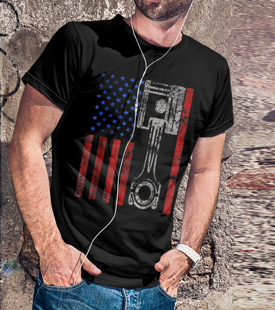 American Flag Piston Patriotic Muscle Car T-Shirt
