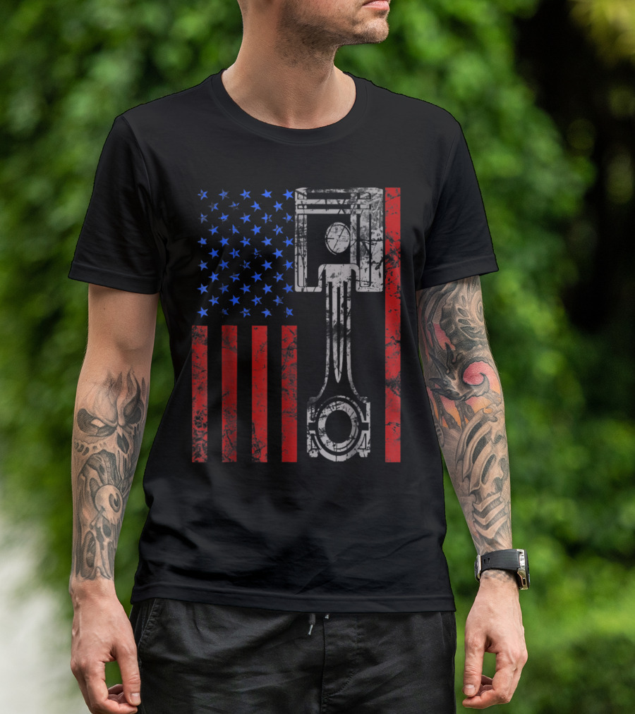 American Flag Piston Patriotic Muscle Car T-Shirt