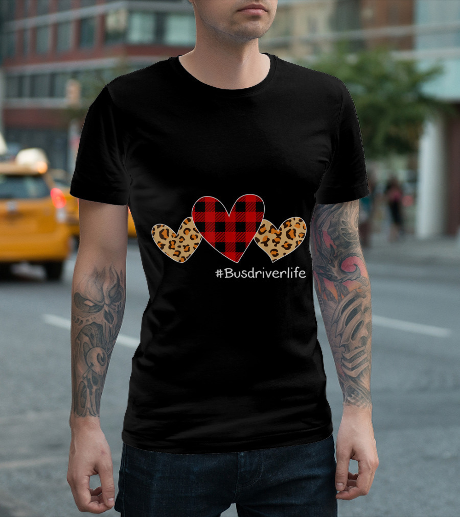 Buffalo Plaid and Leopard Hearts #Busdriverlife Valentine's Day T-Shirt