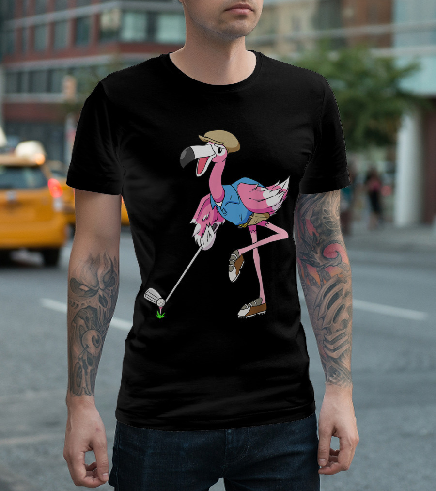 Flamingo Playing Golf In A Funny Pose With Club On Vacation T-Shirt